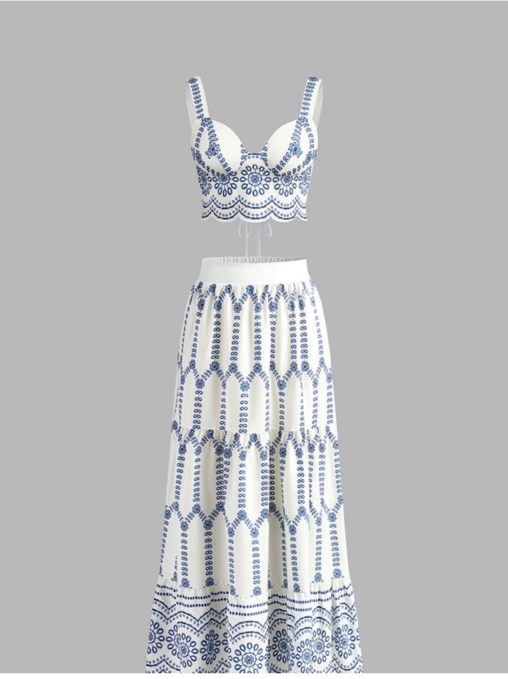 NWT Commense White and Blue Embroidered Two-Piece Maxi Skirt Set